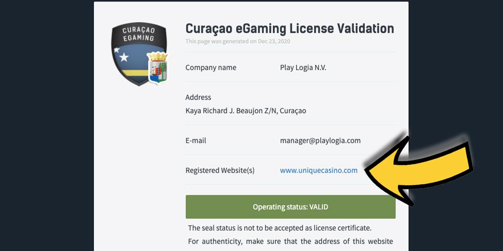 Licença de Operação de Cassino Online do Unique Casino – É seguro jogar aqui? Curaçao eGaming